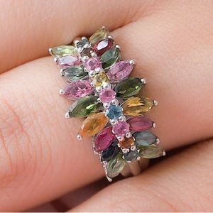 Multi-Tourmaline Cluster Ring in Platinum over Sterling Silver, Sz 7, 2.…